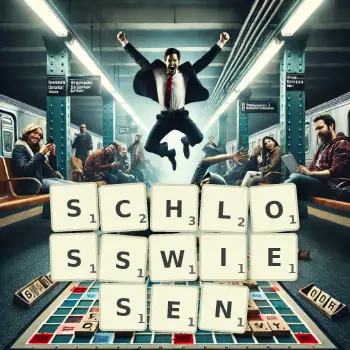 Kreative Illustration für ein Scrabble-Spiel, bei dem das Wort SCHLOSSWIESEN mit Steinen auf dem Brett gelegt wurde.