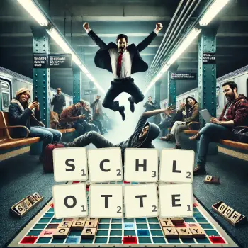 Kreative Illustration für ein Scrabble-Spiel, bei dem das Wort SCHLOTTE mit Steinen auf dem Brett gelegt wurde.
