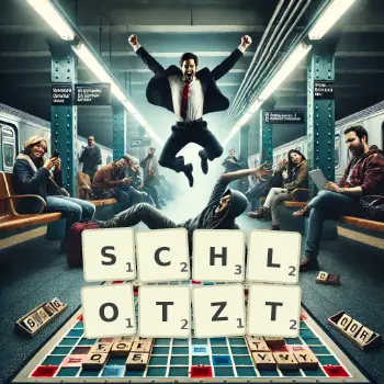Kreative Illustration für ein Scrabble-Spiel, bei dem das Wort SCHLOTZT mit Steinen auf dem Brett gelegt wurde.