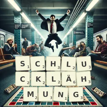 Kreative Illustration für ein Scrabble-Spiel, bei dem das Wort SCHLUCKLÄHMUNG mit Steinen auf dem Brett gelegt wurde.