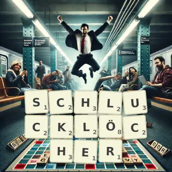 Kreative Illustration für ein Scrabble-Spiel, bei dem das Wort SCHLUCKLÖCHER mit Steinen auf dem Brett gelegt wurde.