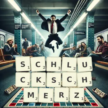 Kreative Illustration für ein Scrabble-Spiel, bei dem das Wort SCHLUCKSCHMERZ mit Steinen auf dem Brett gelegt wurde.