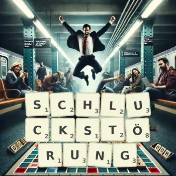 Kreative Illustration für ein Scrabble-Spiel, bei dem das Wort SCHLUCKSTÖRUNG mit Steinen auf dem Brett gelegt wurde.