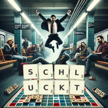 Kreative Illustration für ein Scrabble-Spiel, bei dem das Wort SCHLUCKT mit Steinen auf dem Brett gelegt wurde.