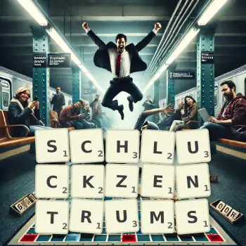 Kreative Illustration für ein Scrabble-Spiel, bei dem das Wort SCHLUCKZENTRUMS mit Steinen auf dem Brett gelegt wurde.