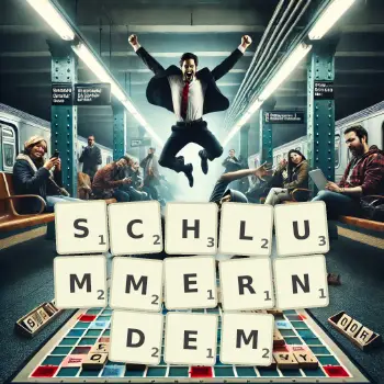 Kreative Illustration für ein Scrabble-Spiel, bei dem das Wort SCHLUMMERNDEM mit Steinen auf dem Brett gelegt wurde.