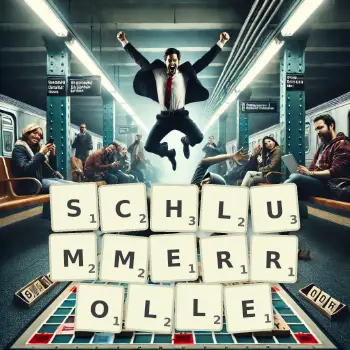 Kreative Illustration für ein Scrabble-Spiel, bei dem das Wort SCHLUMMERROLLE mit Steinen auf dem Brett gelegt wurde.