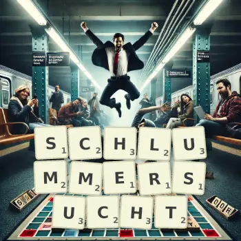 Kreative Illustration für ein Scrabble-Spiel, bei dem das Wort SCHLUMMERSUCHT mit Steinen auf dem Brett gelegt wurde.