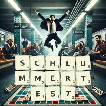 Kreative Illustration für ein Scrabble-Spiel, bei dem das Wort SCHLUMMERTEST mit Steinen auf dem Brett gelegt wurde.