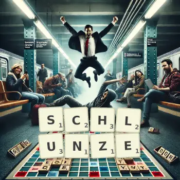 Kreative Illustration für ein Scrabble-Spiel, bei dem das Wort SCHLUNZE mit Steinen auf dem Brett gelegt wurde.