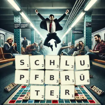 Kreative Illustration für ein Scrabble-Spiel, bei dem das Wort SCHLUPFBRÜTER mit Steinen auf dem Brett gelegt wurde.