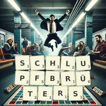 Kreative Illustration für ein Scrabble-Spiel, bei dem das Wort SCHLUPFBRÜTERS mit Steinen auf dem Brett gelegt wurde.