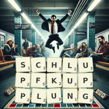 Kreative Illustration für ein Scrabble-Spiel, bei dem das Wort SCHLUPFKUPPLUNG mit Steinen auf dem Brett gelegt wurde.