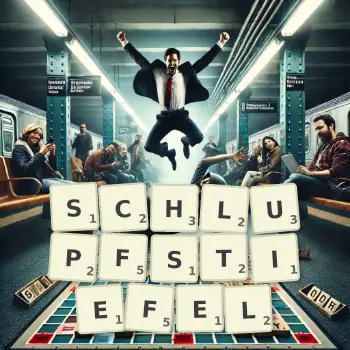 Kreative Illustration für ein Scrabble-Spiel, bei dem das Wort SCHLUPFSTIEFEL mit Steinen auf dem Brett gelegt wurde.