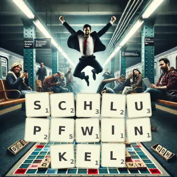 Kreative Illustration für ein Scrabble-Spiel, bei dem das Wort SCHLUPFWINKEL mit Steinen auf dem Brett gelegt wurde.