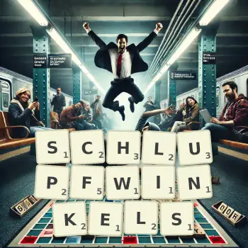 Kreative Illustration für ein Scrabble-Spiel, bei dem das Wort SCHLUPFWINKELS mit Steinen auf dem Brett gelegt wurde.