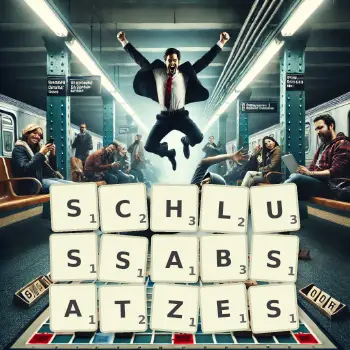 Kreative Illustration für ein Scrabble-Spiel, bei dem das Wort SCHLUSSABSATZES mit Steinen auf dem Brett gelegt wurde.