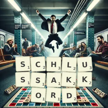 Kreative Illustration für ein Scrabble-Spiel, bei dem das Wort SCHLUSSAKKORD mit Steinen auf dem Brett gelegt wurde.