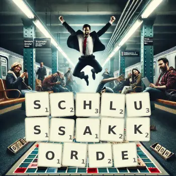 Kreative Illustration für ein Scrabble-Spiel, bei dem das Wort SCHLUSSAKKORDE mit Steinen auf dem Brett gelegt wurde.