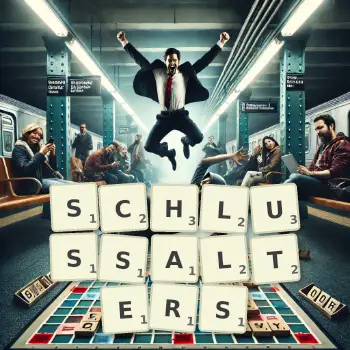 Kreative Illustration für ein Scrabble-Spiel, bei dem das Wort SCHLUSSALTERS mit Steinen auf dem Brett gelegt wurde.