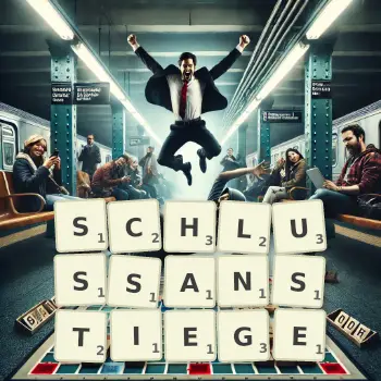 Kreative Illustration für ein Scrabble-Spiel, bei dem das Wort SCHLUSSANSTIEGE mit Steinen auf dem Brett gelegt wurde.