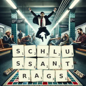 Kreative Illustration für ein Scrabble-Spiel, bei dem das Wort SCHLUSSANTRAGS mit Steinen auf dem Brett gelegt wurde.