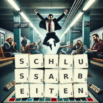Kreative Illustration für ein Scrabble-Spiel, bei dem das Wort SCHLUSSARBEITEN mit Steinen auf dem Brett gelegt wurde.