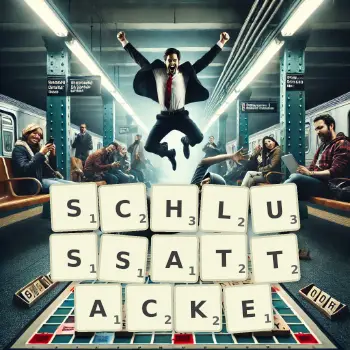 Kreative Illustration für ein Scrabble-Spiel, bei dem das Wort SCHLUSSATTACKE mit Steinen auf dem Brett gelegt wurde.