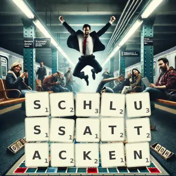 Kreative Illustration für ein Scrabble-Spiel, bei dem das Wort SCHLUSSATTACKEN mit Steinen auf dem Brett gelegt wurde.