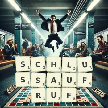 Kreative Illustration für ein Scrabble-Spiel, bei dem das Wort SCHLUSSAUFRUF mit Steinen auf dem Brett gelegt wurde.