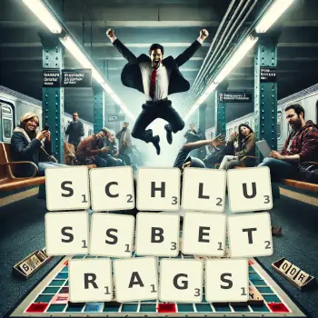 Kreative Illustration für ein Scrabble-Spiel, bei dem das Wort SCHLUSSBETRAGS mit Steinen auf dem Brett gelegt wurde.