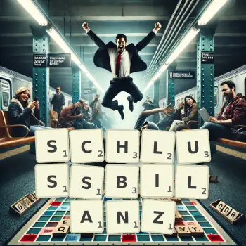 Kreative Illustration für ein Scrabble-Spiel, bei dem das Wort SCHLUSSBILANZ mit Steinen auf dem Brett gelegt wurde.