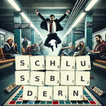 Kreative Illustration für ein Scrabble-Spiel, bei dem das Wort SCHLUSSBILDERN mit Steinen auf dem Brett gelegt wurde.