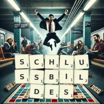 Kreative Illustration für ein Scrabble-Spiel, bei dem das Wort SCHLUSSBILDES mit Steinen auf dem Brett gelegt wurde.