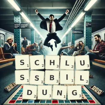 Kreative Illustration für ein Scrabble-Spiel, bei dem das Wort SCHLUSSBILDUNG mit Steinen auf dem Brett gelegt wurde.