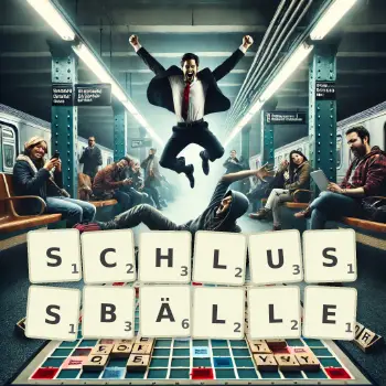 Kreative Illustration für ein Scrabble-Spiel, bei dem das Wort SCHLUSSBÄLLE mit Steinen auf dem Brett gelegt wurde.