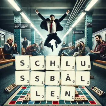 Kreative Illustration für ein Scrabble-Spiel, bei dem das Wort SCHLUSSBÄLLEN mit Steinen auf dem Brett gelegt wurde.