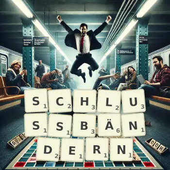 Kreative Illustration für ein Scrabble-Spiel, bei dem das Wort SCHLUSSBÄNDERN mit Steinen auf dem Brett gelegt wurde.