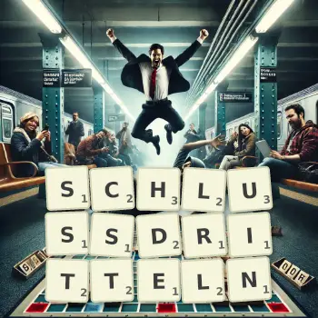 Kreative Illustration für ein Scrabble-Spiel, bei dem das Wort SCHLUSSDRITTELN mit Steinen auf dem Brett gelegt wurde.