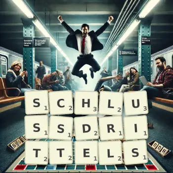 Kreative Illustration für ein Scrabble-Spiel, bei dem das Wort SCHLUSSDRITTELS mit Steinen auf dem Brett gelegt wurde.