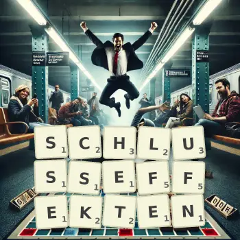 Kreative Illustration für ein Scrabble-Spiel, bei dem das Wort SCHLUSSEFFEKTEN mit Steinen auf dem Brett gelegt wurde.