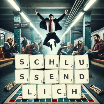 Kreative Illustration für ein Scrabble-Spiel, bei dem das Wort SCHLUSSENDLICH mit Steinen auf dem Brett gelegt wurde.