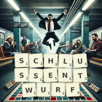 Kreative Illustration für ein Scrabble-Spiel, bei dem das Wort SCHLUSSENTWURF mit Steinen auf dem Brett gelegt wurde.