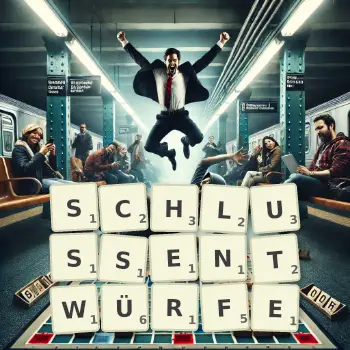 Kreative Illustration für ein Scrabble-Spiel, bei dem das Wort SCHLUSSENTWÜRFE mit Steinen auf dem Brett gelegt wurde.