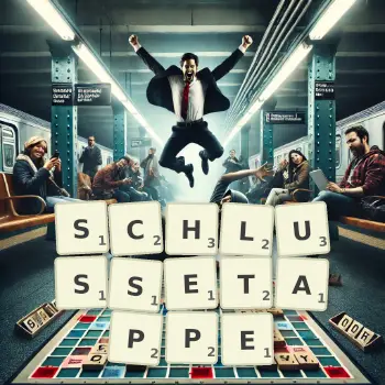 Kreative Illustration für ein Scrabble-Spiel, bei dem das Wort SCHLUSSETAPPE mit Steinen auf dem Brett gelegt wurde.