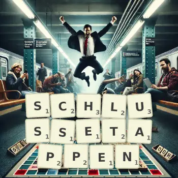 Kreative Illustration für ein Scrabble-Spiel, bei dem das Wort SCHLUSSETAPPEN mit Steinen auf dem Brett gelegt wurde.