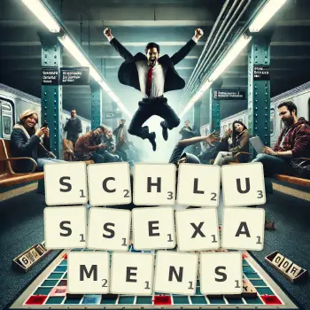 Kreative Illustration für ein Scrabble-Spiel, bei dem das Wort SCHLUSSEXAMENS mit Steinen auf dem Brett gelegt wurde.
