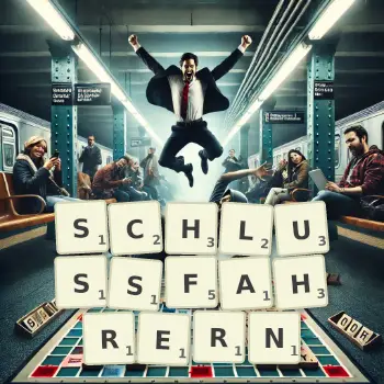 Kreative Illustration für ein Scrabble-Spiel, bei dem das Wort SCHLUSSFAHRERN mit Steinen auf dem Brett gelegt wurde.