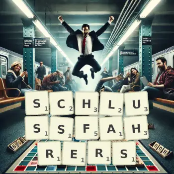 Kreative Illustration für ein Scrabble-Spiel, bei dem das Wort SCHLUSSFAHRERS mit Steinen auf dem Brett gelegt wurde.