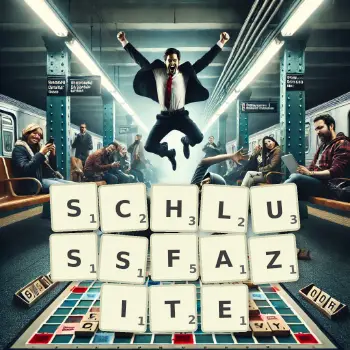 Kreative Illustration für ein Scrabble-Spiel, bei dem das Wort SCHLUSSFAZITE mit Steinen auf dem Brett gelegt wurde.